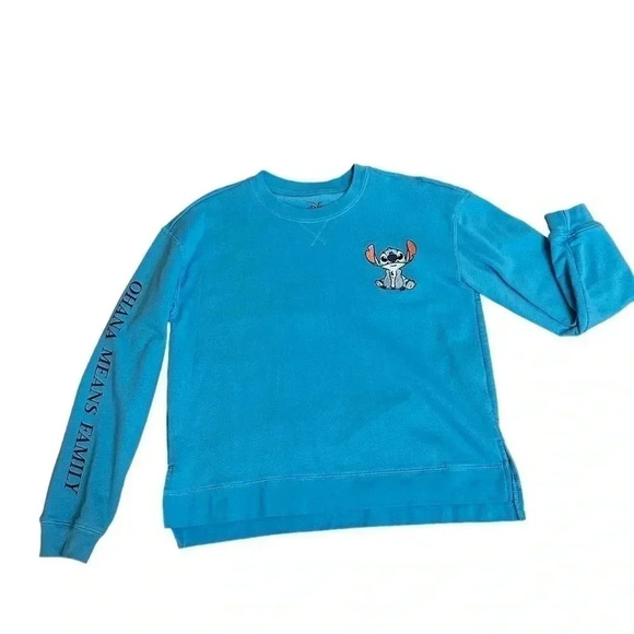 Disney Lilo & Stitch Ohana Embroidered Front Screen Print Back Sweater Juniors M - Picture 1 of 15